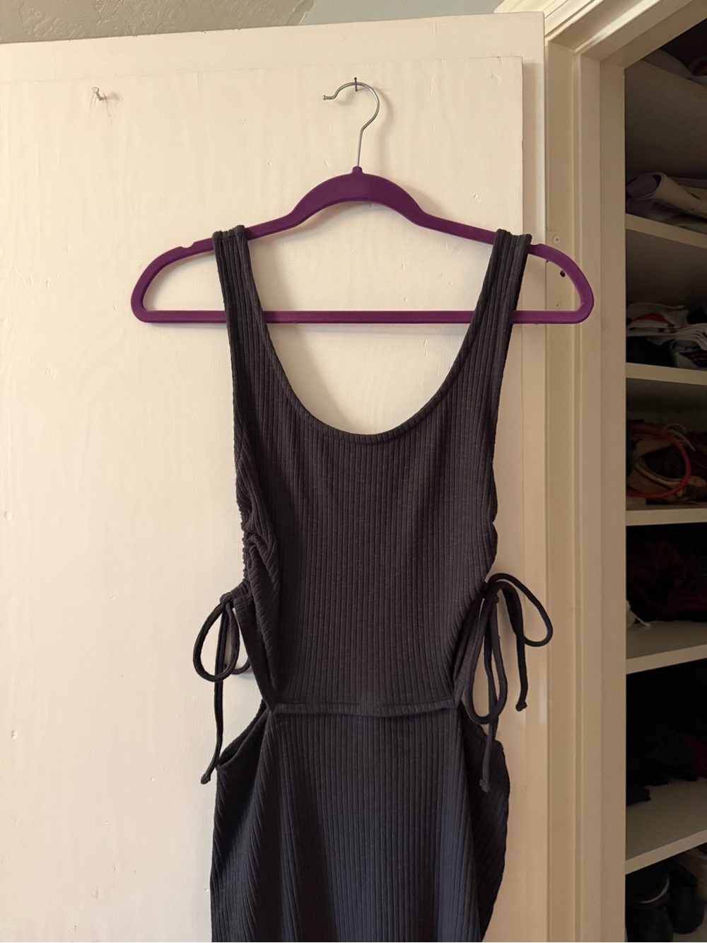 Roxy Ribbed Sleeveless Cutout Side-Tie Dress in Charcoal NWT